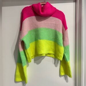 Hot & Delicious Vibrant Cowl Neck Sweater - Pink, Green, Yellow